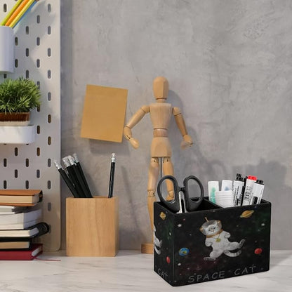 Niapessel Pencil Holder for Desk, Cat Astronaut Outer Space Pen Holder Storage Desktop Pen Organizer Desk Pencil Organizer Makeup Brush Holder for Office School College Leather