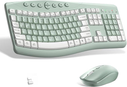Wireless Keyboard and Mouse Combo,2.4G Full Size Ergonomic Curved Silent Keyboard with Fn Multimedia Keys for Office and Home, 3-DPI Quiet Mouse for Windows,Mac OS Desktop/Laptop/PC(Avocado Green-A)