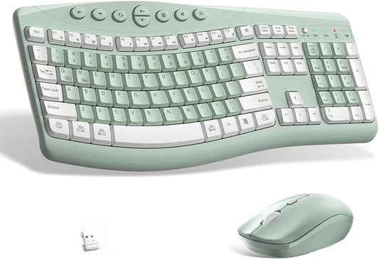 Wireless Keyboard and Mouse Combo,2.4G Full Size Ergonomic Curved Silent Keyboard with Fn Multimedia Keys for Office and Home, 3-DPI Quiet Mouse for Windows,Mac OS Desktop/Laptop/PC(Avocado Green-A)
