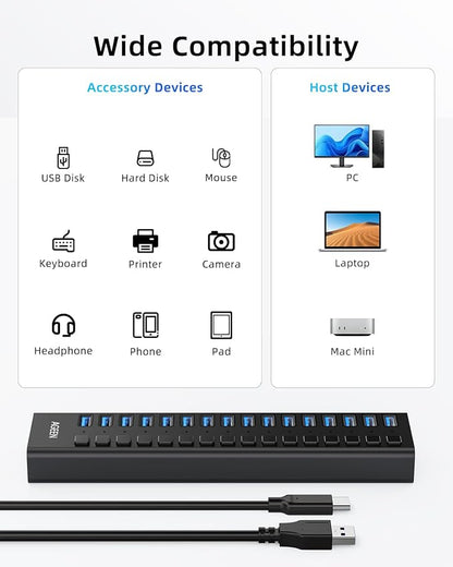 AGEEN 16-Port USB 3.2 Gen 2 Hub, 10Gbps High-Speed Aluminum Powered Hub with 96W Adapter, Individual Switches & Surge Protection for PC/Laptop, Flash Drive, Printer, Camera