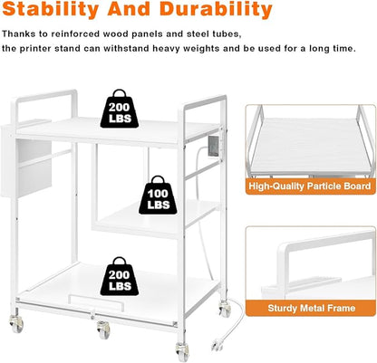 Sedegn Large Printer Stand with Wheels: Lockable Rolling Printer Cart | 24 x 18 Inch Top Fits Laser Printers Shredders and PC Towers 3-Outlet Power Strip and Storage Bag for Home Office (White)