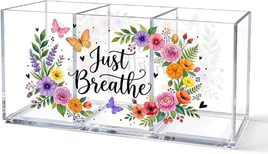 Just Breathe Acrylic Pen Holder Organizer with 3 Compartments, Colorful Floral & Butterfly Design, Desk Organizer for Pens, Makeup, Office Supplies, Cute Desk Accessories for Women Girls