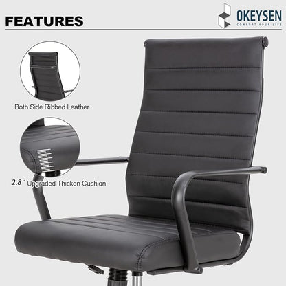 Okeysen Black Office Chair, Ergonomic Leather Modern Office Chair, Executive Ribbed Height Adjustable Swivel Rolling Chair for Home Office.