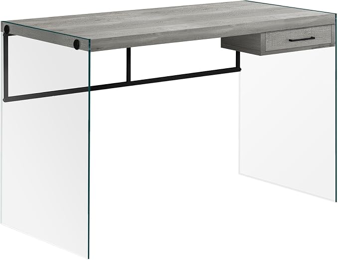 Monarch Specialties Computer Desk - Contemporary Writing Desk with Drawer - Tempered Glass Legs - 48"L (Grey Reclaimed Wood Look)