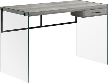 Monarch Specialties Computer Desk - Contemporary Writing Desk with Drawer - Tempered Glass Legs - 48"L (Grey Reclaimed Wood Look)