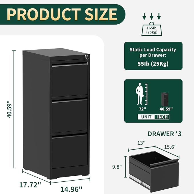 3 Drawer File Cabinet with Lock, Vertical File Cabinet with Lock, Locking File Cabinet Hanging Files for A4/ Legal/Letter, Require Assembly, Black