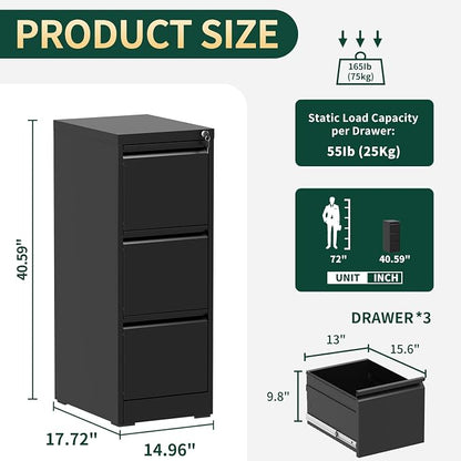 3 Drawer File Cabinet with Lock, Vertical File Cabinet with Lock, Locking File Cabinet Hanging Files for A4/ Legal/Letter, Require Assembly, Black