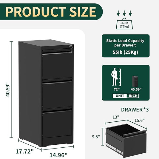 3 Drawer File Cabinet with Lock, Vertical File Cabinet with Lock, Locking File Cabinet Hanging Files for A4/ Legal/Letter, Require Assembly, Black