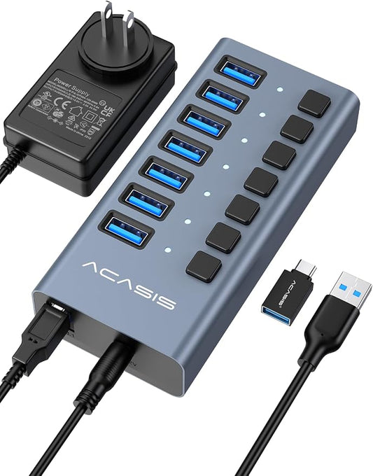 Powered USB 3.2 Hub, ACASIS 7 Ports USB 3.2 Hub with 10Gbps Data Speed, Aluminum Housing, USB Hub Powered with 24W Power Adapter, USB Hub for PC/Laptop, Computer, Flash Drive, Printer, Camera