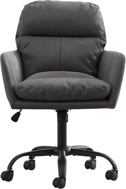 YITAI Adjustable Home Office Desk Chair with Comfy Square Mid-Back, Faux Leather 360 Swivel Upholstered Task Armchair with Wheels for Vanity Bedroom/Living Room,Study Gray
