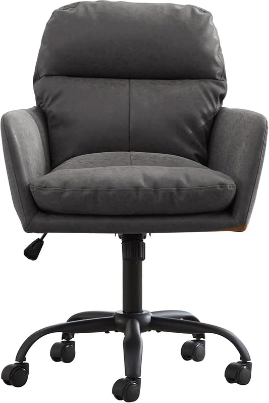 YITAI Adjustable Home Office Desk Chair with Comfy Square Mid-Back, Faux Leather 360 Swivel Upholstered Task Armchair with Wheels for Vanity Bedroom/Living Room,Study Gray