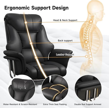 Big and Tall Office Chair 550 lbs Extra Wide Leather Executive Chair with Retractable Footrest, Heavy-Duty Ergonomic Chair, Adjustable Height Computer Gaming Chairs