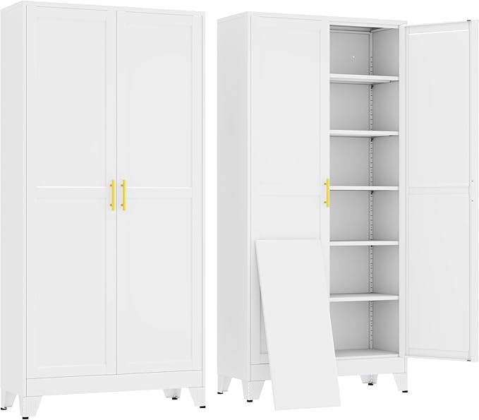 erosoei 75" H Large Metal Garage Storage Cabinet, Metal Pantry Cabinet with 2 Doors, Locker Steel Cabinet with 5 Adjustable Shelves, Freestanding Cupboard for Garage,Office,Home,Gym,School