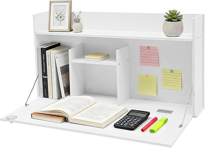 Wall Mounted Desk Multifunctional Fold Down Laptop Computer Table Writing Workstation with Storage Compartments Space Saving for Home Office (White)