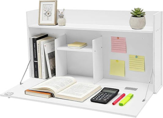 Wall Mounted Desk Multifunctional Fold Down Laptop Computer Table Writing Workstation with Storage Compartments Space Saving for Home Office (White)