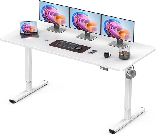 63" Electric Standing Desk Adjustable Height, Sit Stand up Desk for Home Office & Computer Workstation, 2 Memory Height Settings, Splice Board, 2 Hooks, White Frame/White Top