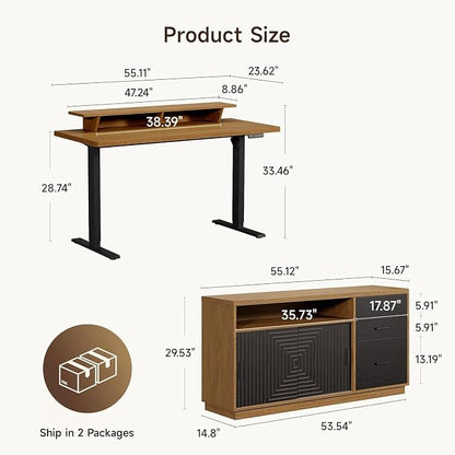 ONBRILL 55" Electric Standing Desk with 55" File Cabinet, Adjustable Height Home Office Furniture Set with Monitor Stand and 3 Drawers, Executive Workstationfor Home Office, Oak Brown