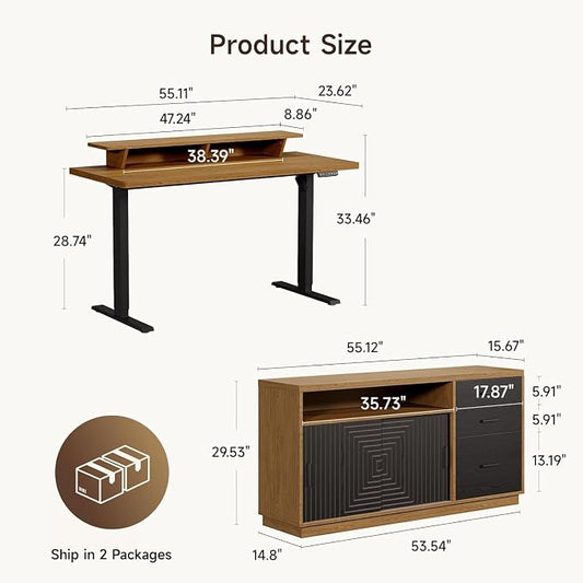 ONBRILL 55" Electric Standing Desk with 55" File Cabinet, Adjustable Height Home Office Furniture Set with Monitor Stand and 3 Drawers, Executive Workstationfor Home Office, Oak Brown