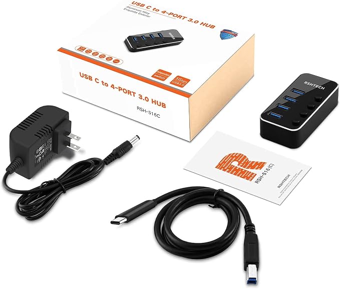 Powered USB hub RSHTECH 4 Port USB C to USB 3.0 Port Hub Expander Aluminum Portable USB 3.0 hub Splitter with 5V AC Adapter and Individual On/Off Switches (RSH-516-C)