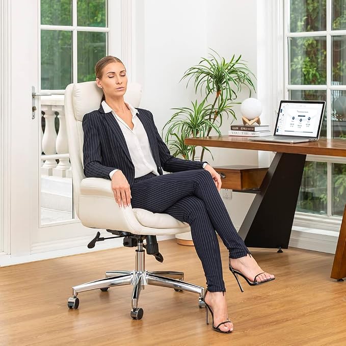 Glitzhome Modern Executive Home High-Back Office Chair - Leather Adjustable Swivel Desk Chair with Armrest(Cream)