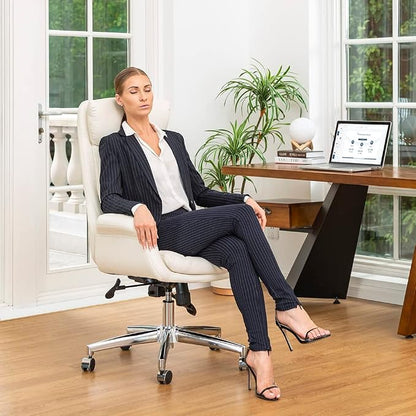 Glitzhome Modern Executive Home High-Back Office Chair - Leather Adjustable Swivel Desk Chair with Armrest(Cream)