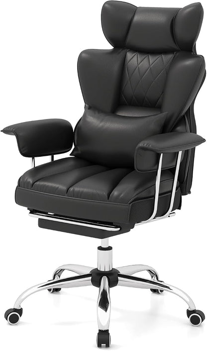 COSTWAY 400 LBS Big and Tall Office Chair, PU Leather Executive Desk Chair w/Retractable Footrest, Reclining Function, Lumbar Support, Ergonomic High Back Home Computer Task Chair (Black)