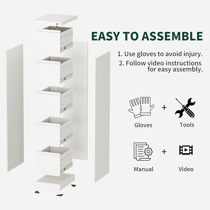 5 Drawer File Cabinet with Lock, Vertical File Cabinet with Lock, Locking File Cabinet Hanging Files for A4/ Legal/Letter, Require Assembly, White