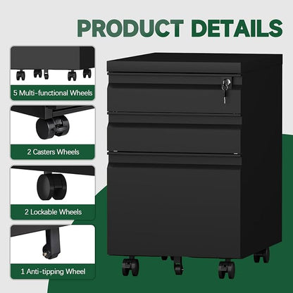 Filing Cabinets for Home Office, Printer Table with Caster, Lockable Office Cabinet with 3 Drawer, Small File Cabinet for Letters/A4, No Assembly Required, Black