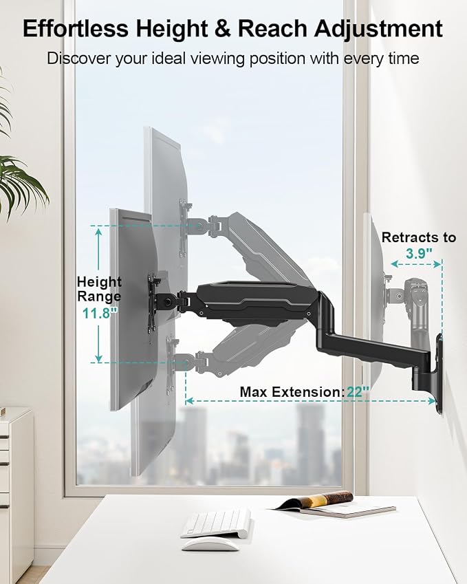 MOUNT PRO Single Monitor Wall Mount for 13 to 32 Inch Computer Screens, Height Adjustable Wall Mount Monitor Arm Holds Up to 19.8lbs, Full Motion Wall Bracket, VESA Mount 75x75, 100x100, Black