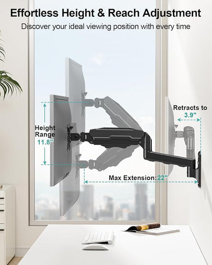 MOUNT PRO Single Monitor Wall Mount for 13 to 32 Inch Computer Screens, Height Adjustable Wall Mount Monitor Arm Holds Up to 19.8lbs, Full Motion Wall Bracket, VESA Mount 75x75, 100x100, Black