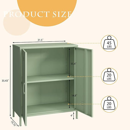 Steehoom Metal Cabinet with 2 Door, Metal Locker Storage Cabinet with Adjustable Shelves Accent Cabinet for Garage, Entryway, Office, School, Employees (Green, H35.43'')