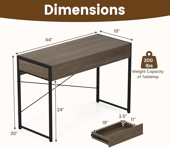GOFLAME 44 Inch Computer Desk with 2 Drawers, Home Office Desk with Metal Frame, Small Study Writing Workstation with Storage, PC Laptop Table for Living Room, Bedroom, Study, Grey