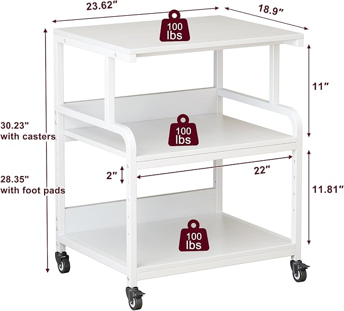 White Printer Table Stand with Storage, 23.6''x18.9'' Large Printer Table for Home Office, 3 Tier Rolling Printer Cart with Wheels, Stand for 3D Laser Inkjet Printer, Fax