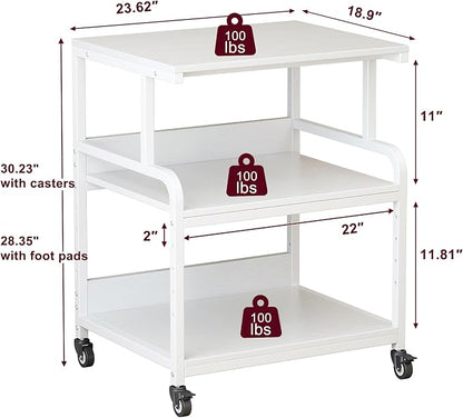 White Printer Table Stand with Storage, 23.6''x18.9'' Large Printer Table for Home Office, 3 Tier Rolling Printer Cart with Wheels, Stand for 3D Laser Inkjet Printer, Fax
