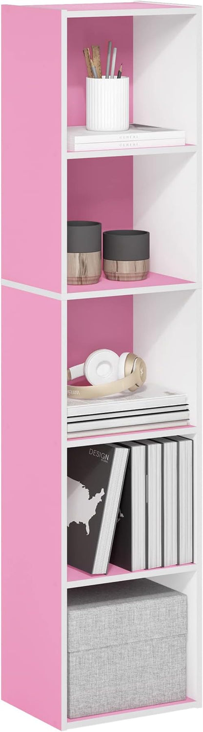 Furinno PASIR Book Shelf, 5-Tier Modern Bookshelf, Open Shelves Bookcase 9 x 12 x 52, Easy Assembly, for Living Room, Bedroom, Home Office, Pink/White