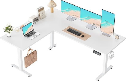 Klicelor L Shaped Standing Desk 63 x 48 Inch, Electric Height Adjustable Corner Desk for Home Office Workstation, Ergonomic Sit to Stand Computer Table with Memory Controller, White