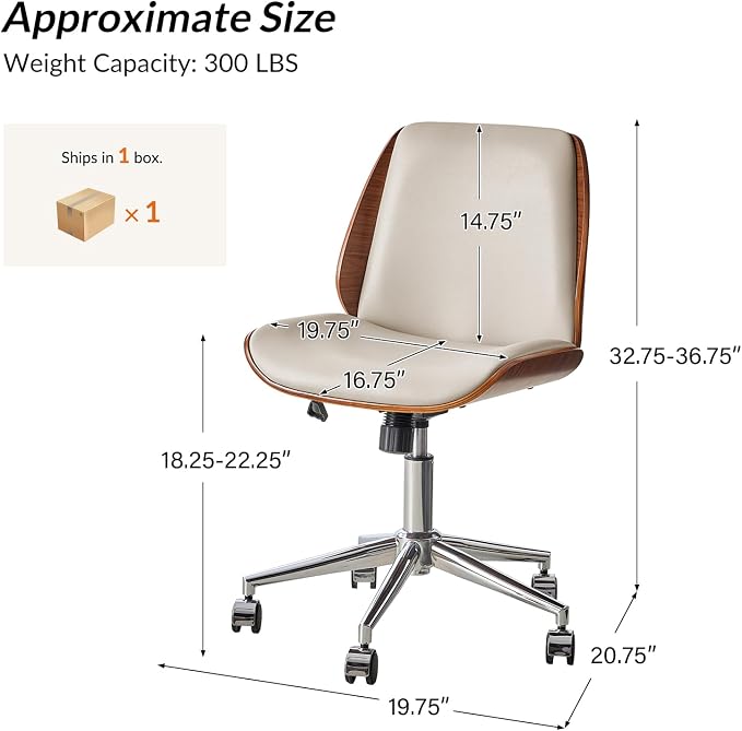 HULALA HOME Faux Leather Home Office Chair with Bent Wood Design & Rocking Tilt Function, Modern Swivel Desk Chair with Adjustable Height, Comfy Upholstered Armless Computer Task Chair, Ivory