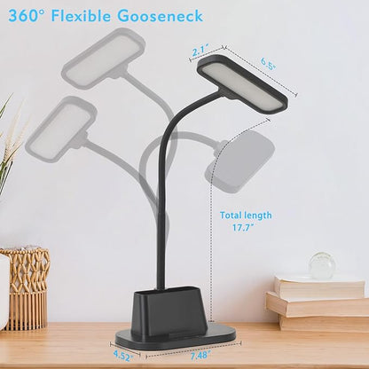 BOHON Desk Lamp for Home Office Reading Light with USB Charging Port Black | Small Desk Lamps with Pen Holder, 5 Color Modes 5 Brightness, Touch Gooseneck LED Table Lamp for Dorm Room Essentials Study