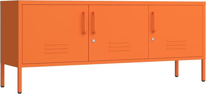 Metal Storage Cabinet with Adjustable Shelves, Wide Lockable TV Stand, Multipurpose Accent Cabinet, Orange Colorful Locker for Home Office Living Room, 22" H x 47.3" x 13.8" D