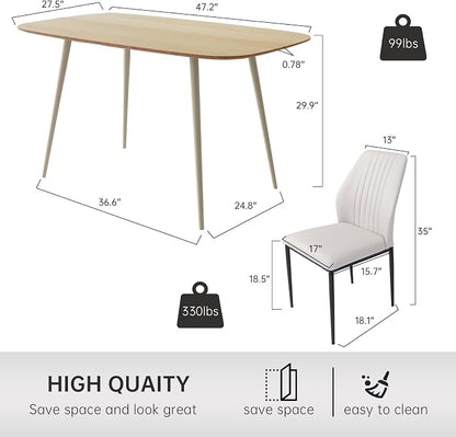 HIPIHOM 47.2'' Dining Table Set for 4,Modern Wood Dining Table,Leather Dining Chairs 4,Table and Chairs Set of 4,Ideal for Kitchen Dining Room (Cat Scratch Table + 4 White Chairs, 47.2")