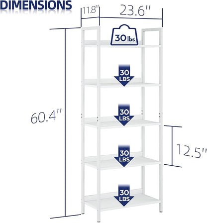 NUMENN Bookshelf, 5 Tier Bookshelves, Home Office Bookcase Shelf Storage Organizer, Free Standing Storage Shelving Unit for Bedroom, Living Room and Home Office, White