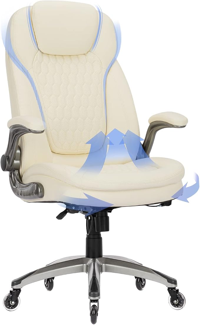 COLAMY Ergonomic High Back Office Chair, Ivory Bonded Leather Executive Desk Chair with Flip-up Arms, Thick Cushion, Silent Nylon Wheels, Adjustable Height & Rocking Function, 300lbs Capacity