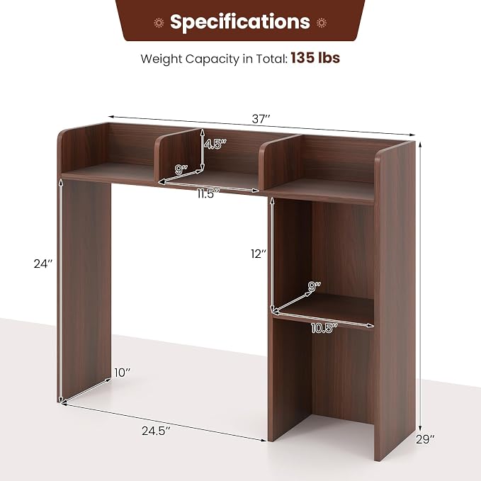 GOFLAME 5 Shelves Desktop Bookshelf, Wood Desk Hutch Dorm for Computer Desk, Countertop Display Rack, 3-Tier Desk Storage Organizer Shelf for Dormitory, Home Office, Study, Walnut