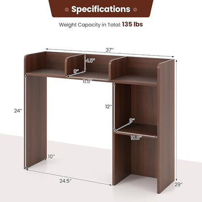 GOFLAME 5 Shelves Desktop Bookshelf, Wood Desk Hutch Dorm for Computer Desk, Countertop Display Rack, 3-Tier Desk Storage Organizer Shelf for Dormitory, Home Office, Study, Walnut