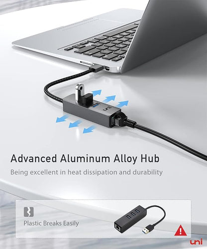 uni USB to Ethernet Adapter, USB 3.0 Hub with 100/1000 Mbps RJ45 Ethernet Driver Free, Sturdy Aluminum 4-in-1 USB-A to LAN Network Adapter Compatible with iMac, PC, Chromebook Laptops, and More