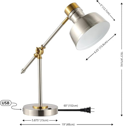 JONATHAN Y 18.5" Nickel/Brass Gold Adjustable Cantilever LED Task Lamp with USB Charging Port, Vintage Farmhouse Desk Lamp for Home Office Reading, Metal Shade (JYL7124B)