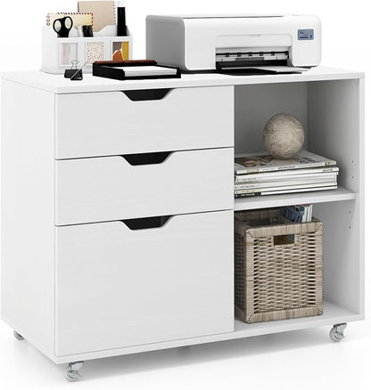 3 Drawer File Cabinet, Wood Lateral Filing Cabinet for Hanging Letter, A4, Legal Size, Rolling Printer Stand with Adjustable Shelf, Under Desk Storage for Home Office (White)