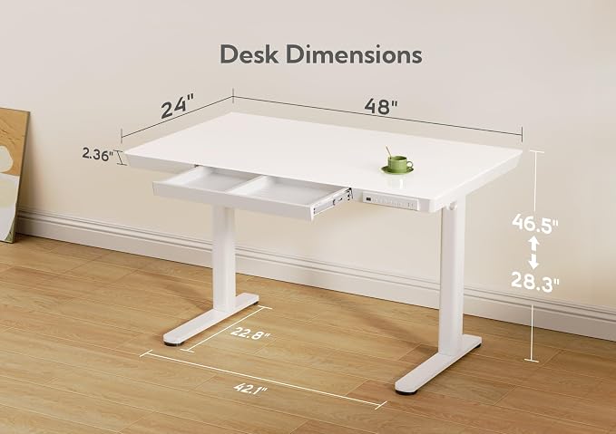 Claiks Glass Standing Desk with Drawers, 48×24 Inch Adjustable Stand Up Desk, Quick Install Home Office Computer Desk with USB Ports, White