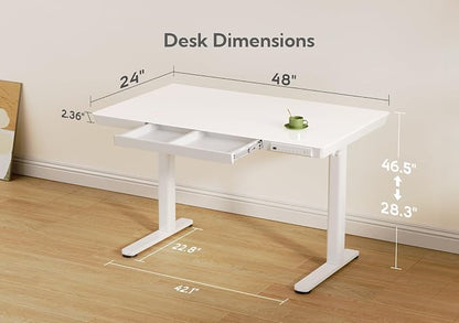 Claiks Glass Standing Desk with Drawers, 48×24 Inch Adjustable Stand Up Desk, Quick Install Home Office Computer Desk with USB Ports, White