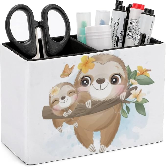 Niapessel Pencil Holder for Desk, Cute Little Sloth Pen Holder Storage Desktop Pen Organizer Desk Pencil Organizer Makeup Brush Holder for Office School College Leather